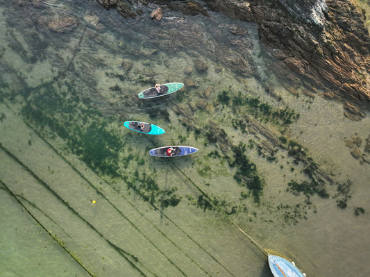 Aerial view of three people paddleboarding on clear, shallow water near a rocky shoreline